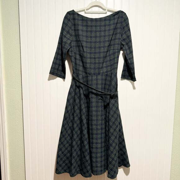 Unique Vintage Dresses & Skirts - Unique Vintage Blue Green Plaid 50s Dress Fit Flare Belted Boat Neck Size 10